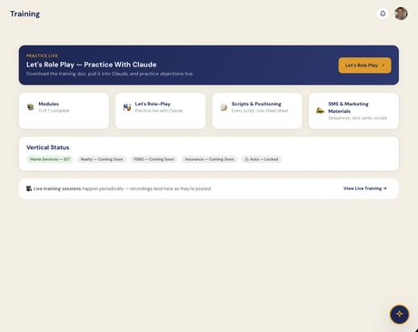 MVP Training center — modules, role-play, scripts, marketing