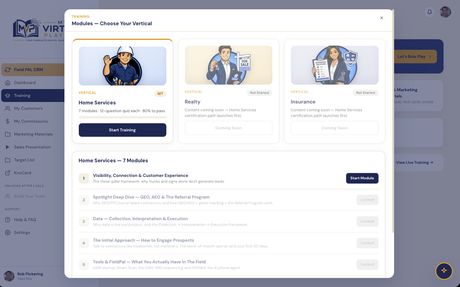 Home Services training — seven modules, unlock as you go