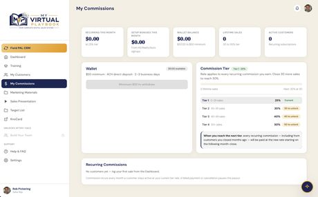 My Commissions — tier progress, wallet, recurring payouts