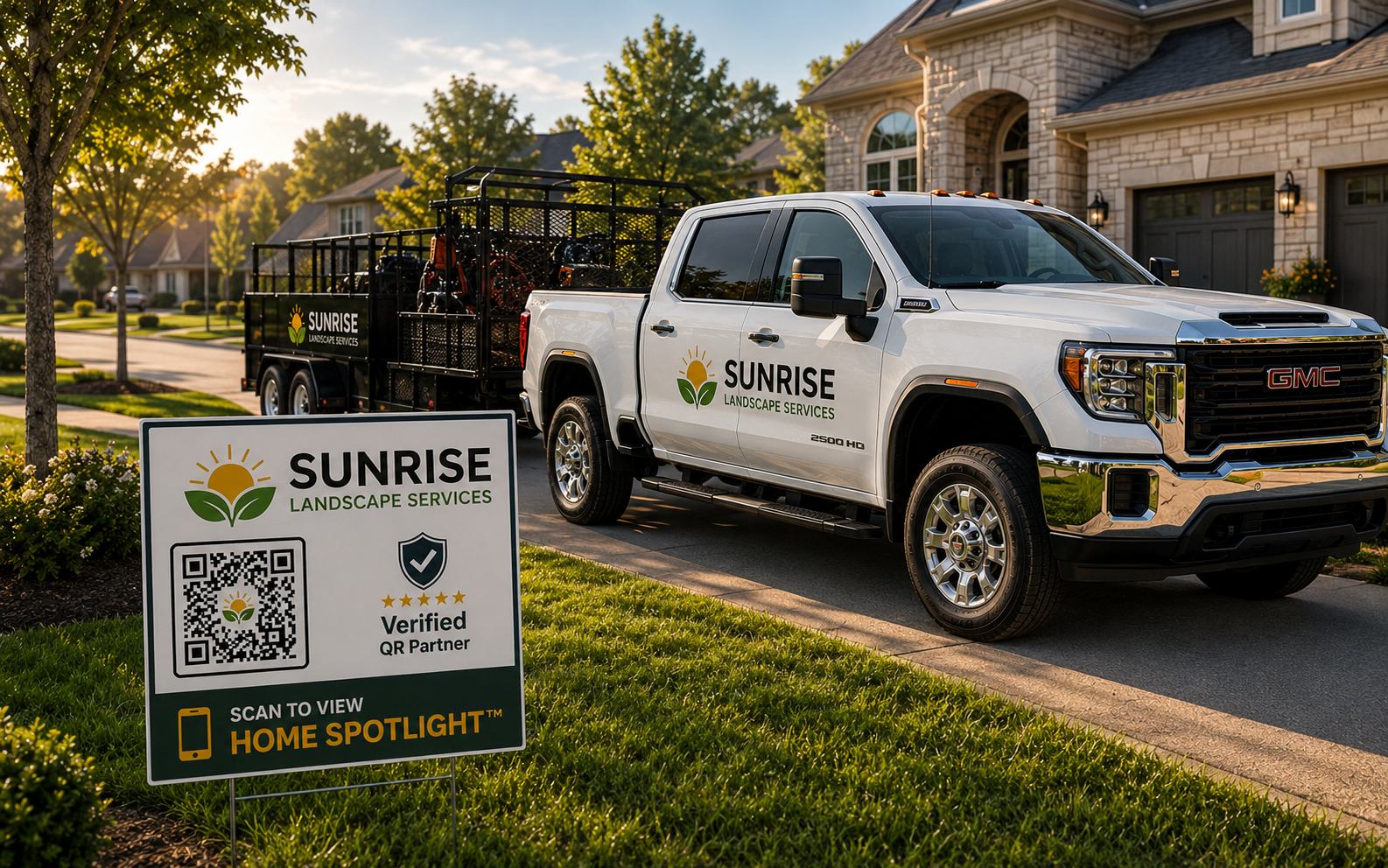 A branded truck and yard sign with a scannable QR code