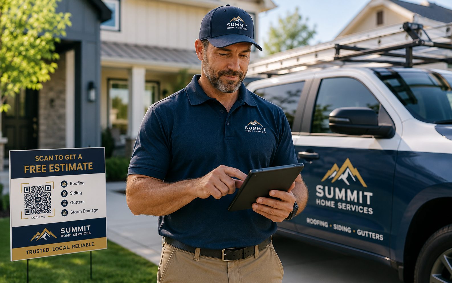 Home service contractor reviewing his branded Spotlight page in the driveway